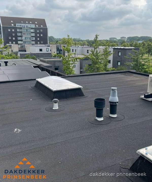Groot plat dak met lichtkoepel en dakdoorvoeren in Prinsenbeek Groot plat dak met lichtkoepel en dakdoorvoeren in Prinsenbeek