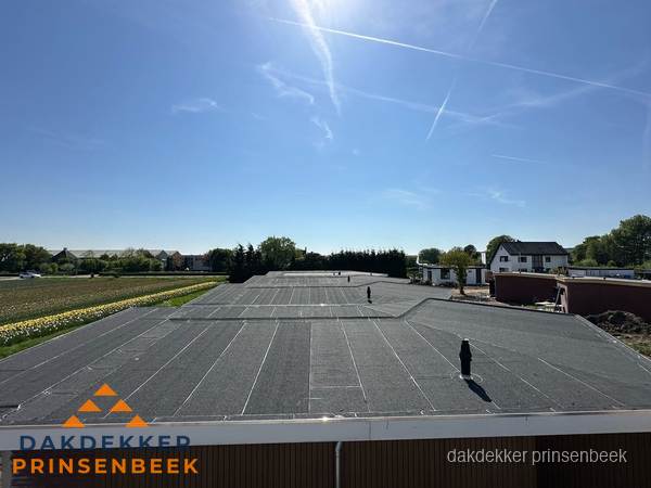 Groot plat dak met bitumen dakbedekking op bedrijfspand in Prinsenbeek