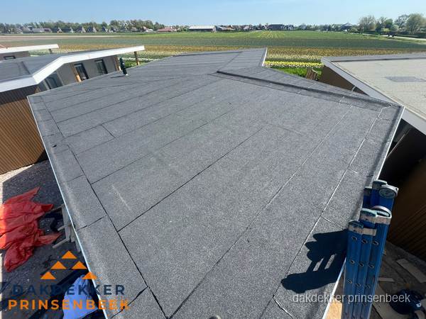Nieuw bitumen plat dak met uitzicht over landschap in Prinsenbeek
