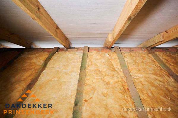 Dakisolatie met glaswol tussen dakspanten in Prinsenbeek